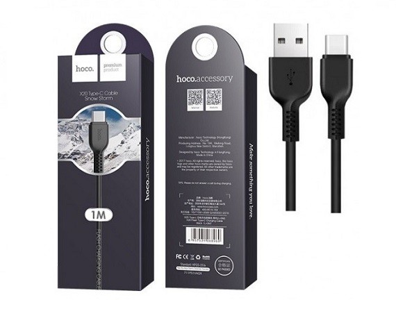 Кабель USB Type-C, 1 м., Hoco X20 3A, черный