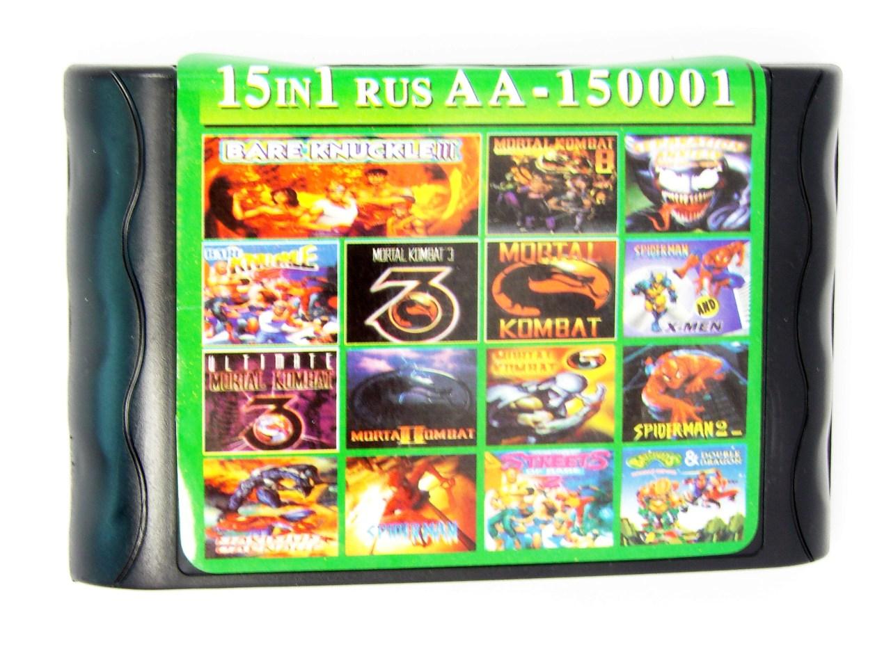   Sega AA 150001 15 in 1 (Sega), Bare Knuckle 1-2-3, Mortal Kombat 1-2-3-5-8, SpiderMan 1-2, X-man,Carnage,Battle toads Duoble Dragon