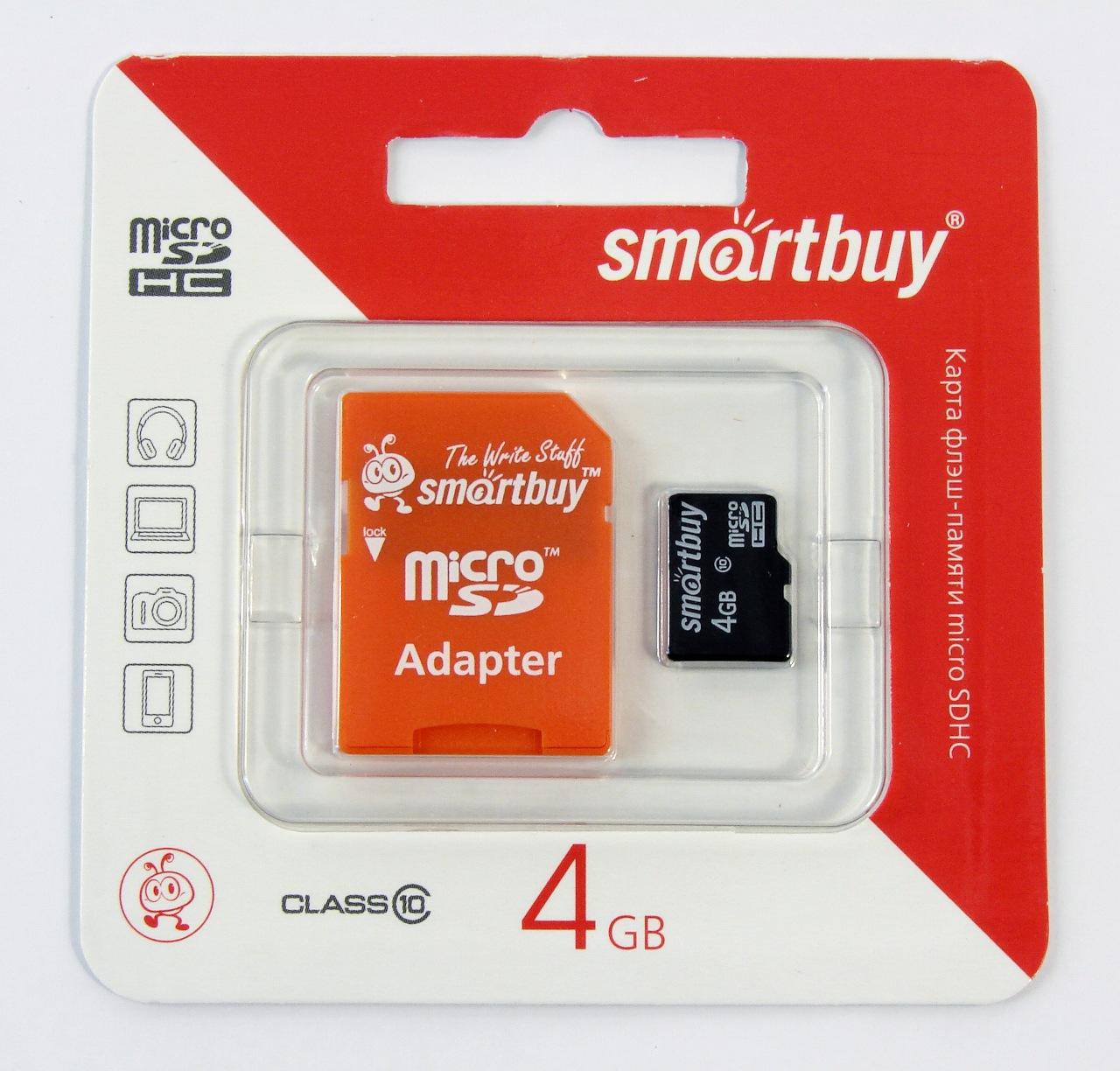 Флэш карта _4Gb microSDHC class10 SmartBuy с адаптером SD (SB4GBSDCL10-01)