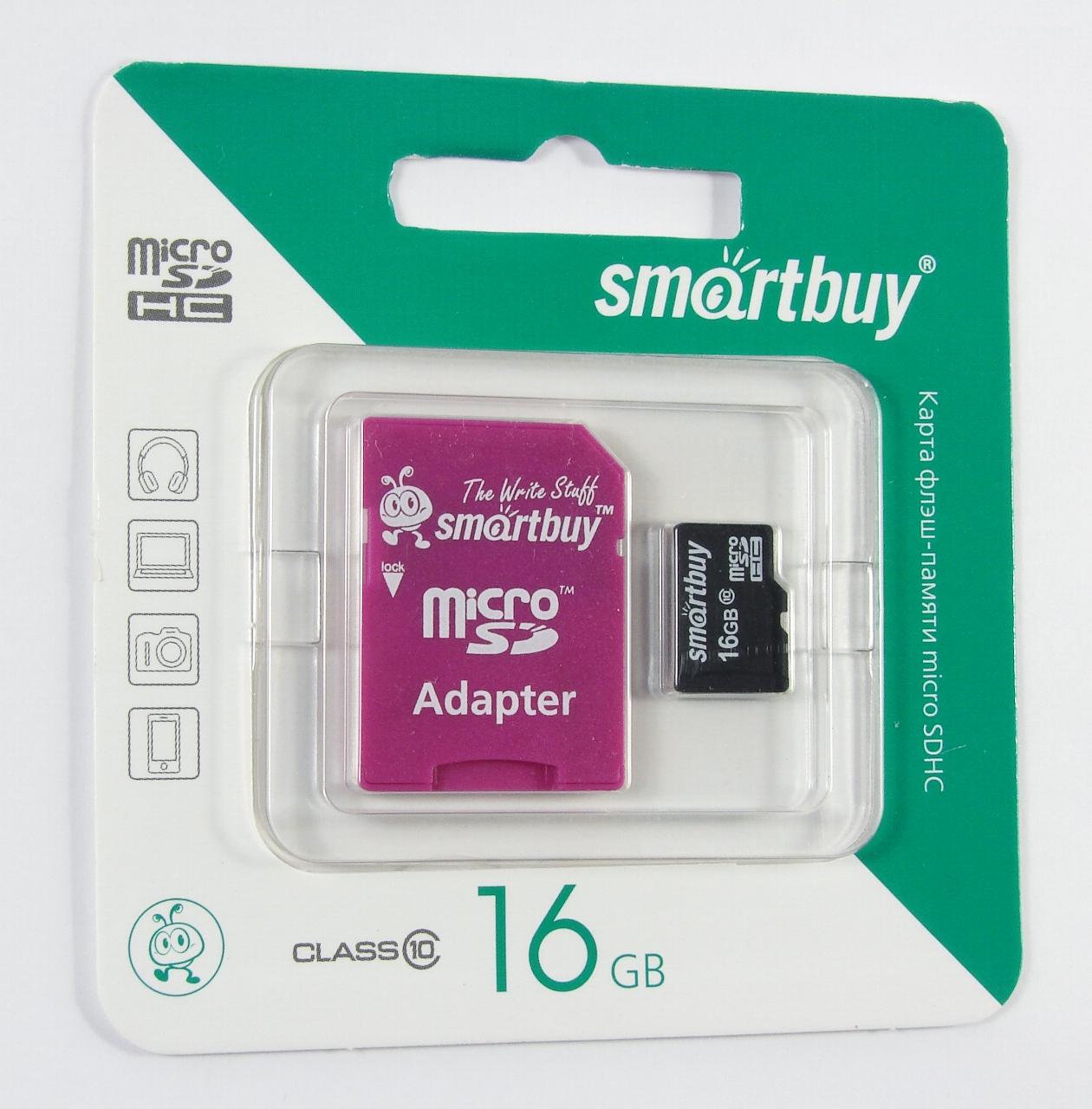Флэш карта 16Gb microSDHC class10 Smart Buy +adapter SD (SB16GBSDCL-10-01)