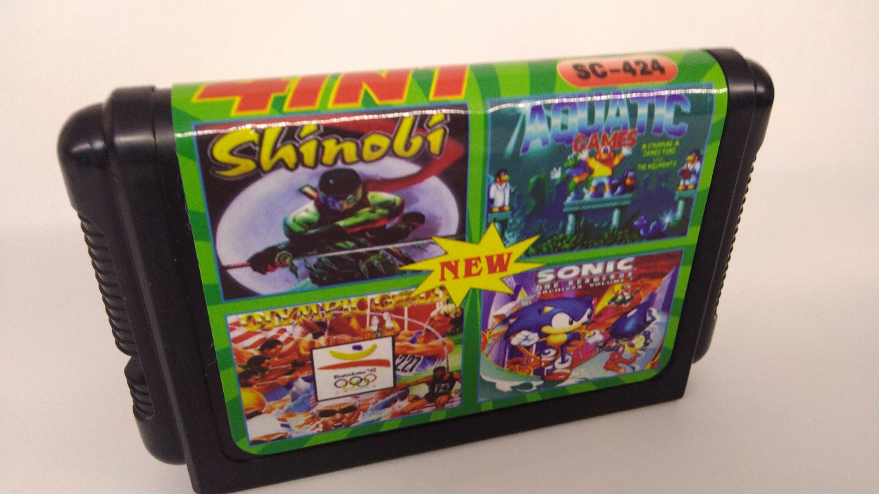 Картридж для Sega SC 424 4 в 1 (Сега), Sonic the Hedgehog,Barcelona 92 Olympic,Aquatic Games,Shinoby