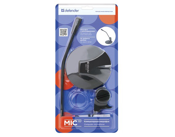 Микрофон проводной Defender MIC-107 на прищепке, черный, кабель 1,8 м.
