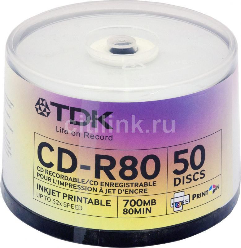Компакт-диск CD-R 700Mb TDK 52x, DataLife (БЕЗ УПАКОВКИ)-50