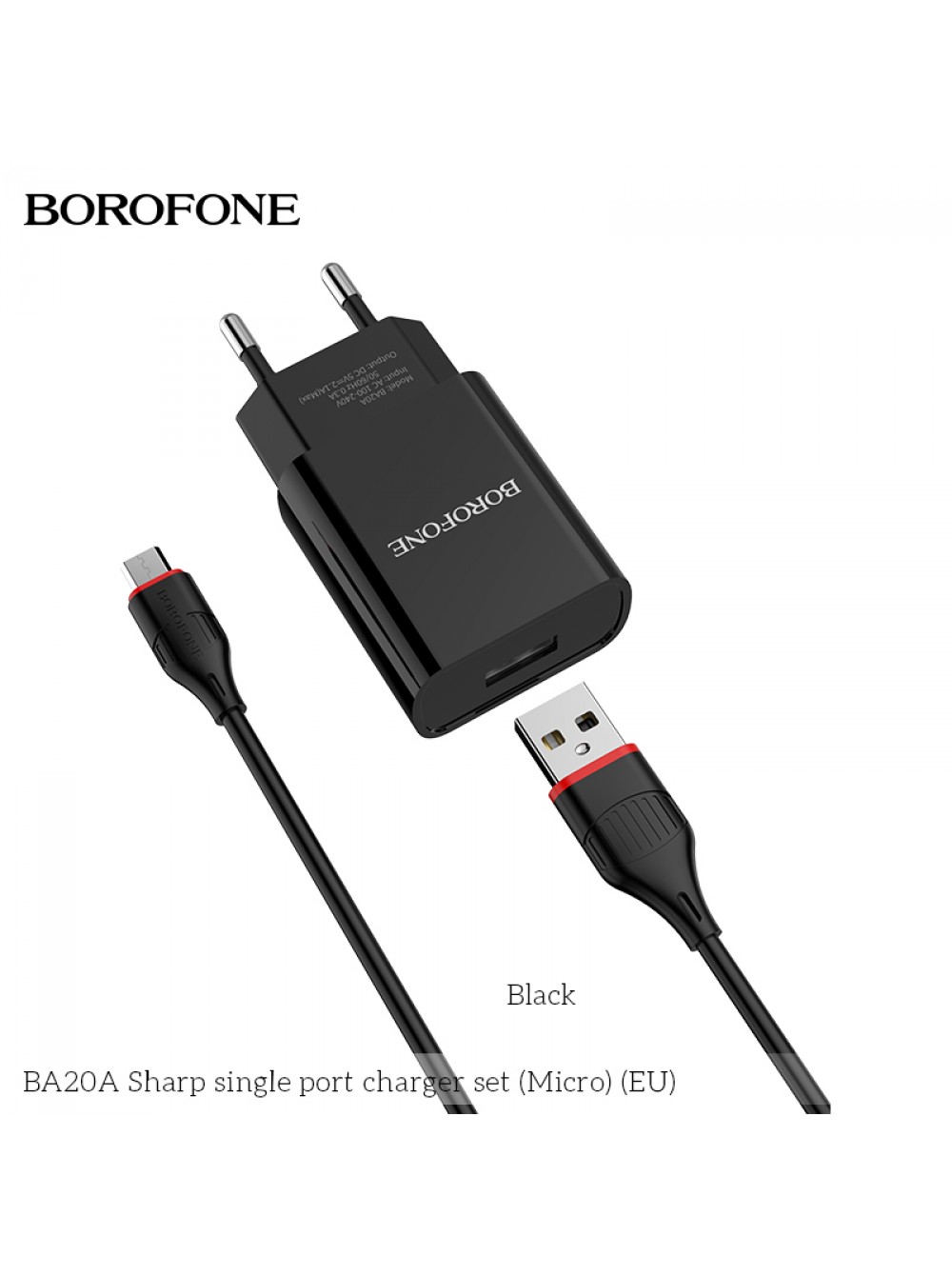 Адаптер от электрической сети 220V USB "Borofone" BA20A 5В 2,1А + кабель microUSB
