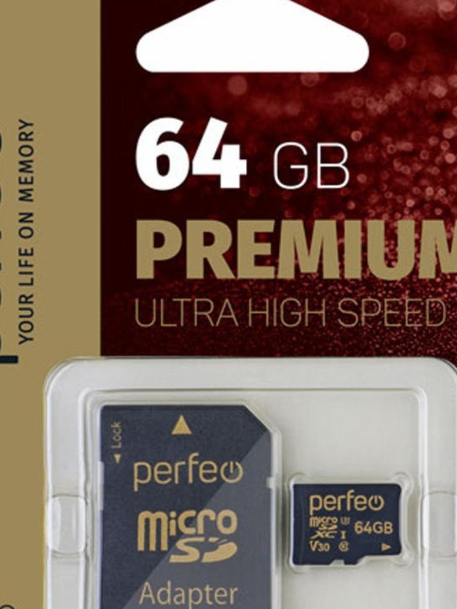 Флэш карта _64Gb microSDXC Class10 + адаптер SD Perfeo SDXC UHS-3 V30 (PF64GMCSX10V30A)