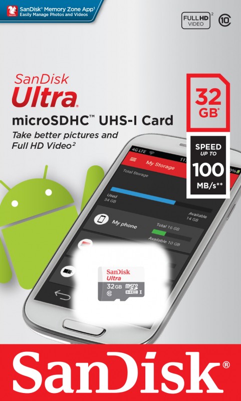 Флэш карта _32Gb microSDHC Class10 Sandisk Ultra UHS-I 100 Mb/s без адаптера (SDSQUNR-032G-GN3MN)